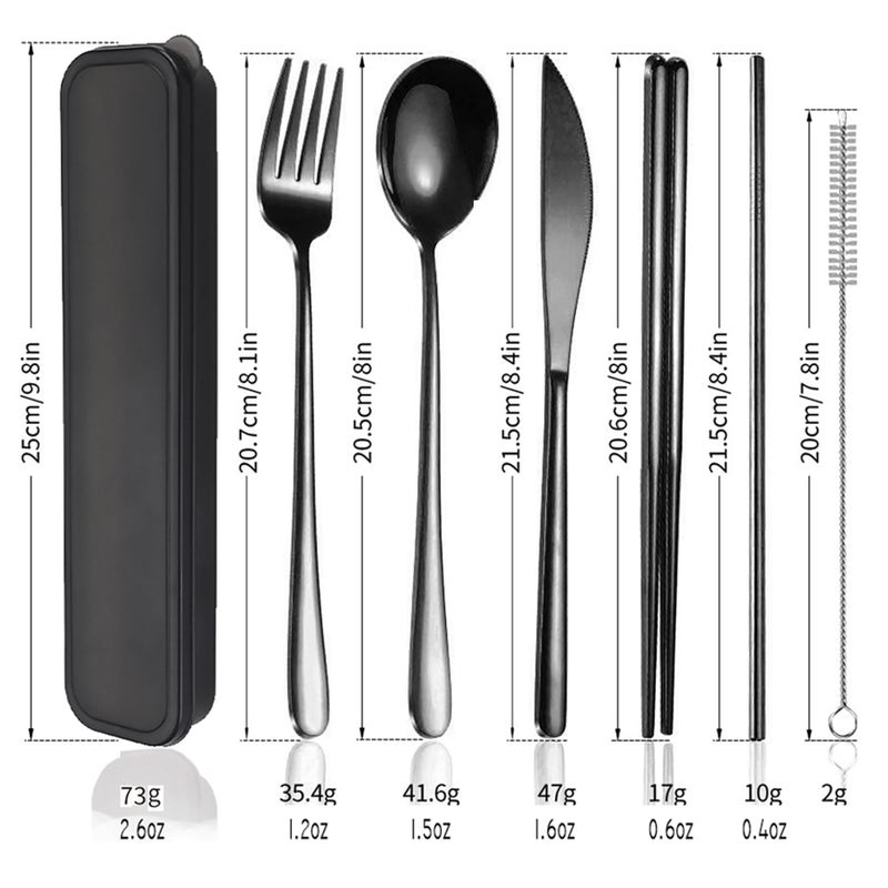 AARAINBOW 6 Pieces 18/8 Stainless Steel Flatware Set Portable Reusable Cutlery Set Travel Utensils Set Including Chopsticks Knife Fork Spoon Straws Cleaning Brush Dishwasher Safe (Black) - Image 2